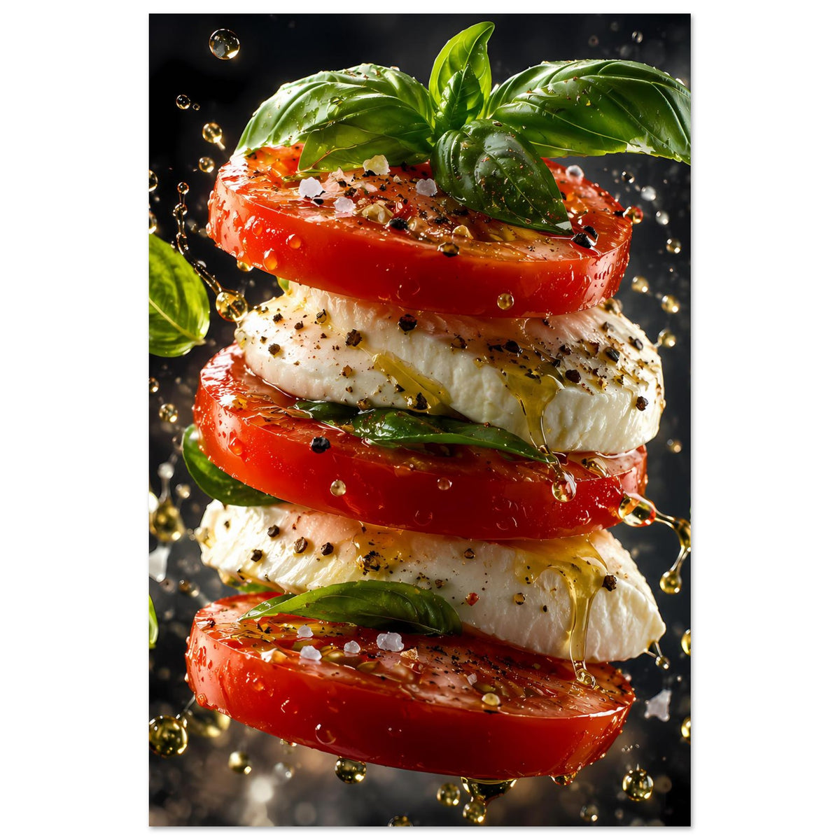Küchenposter im Hochformat: gestapelte Tomaten und Mozzarella mit Basilikumblättern