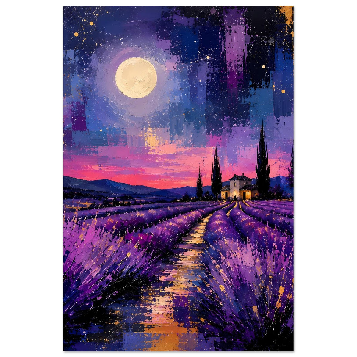 Hochformat-Poster mit Lavendelfeld bei Mondlicht, gelber Vollmond über blau-violettem Himmel