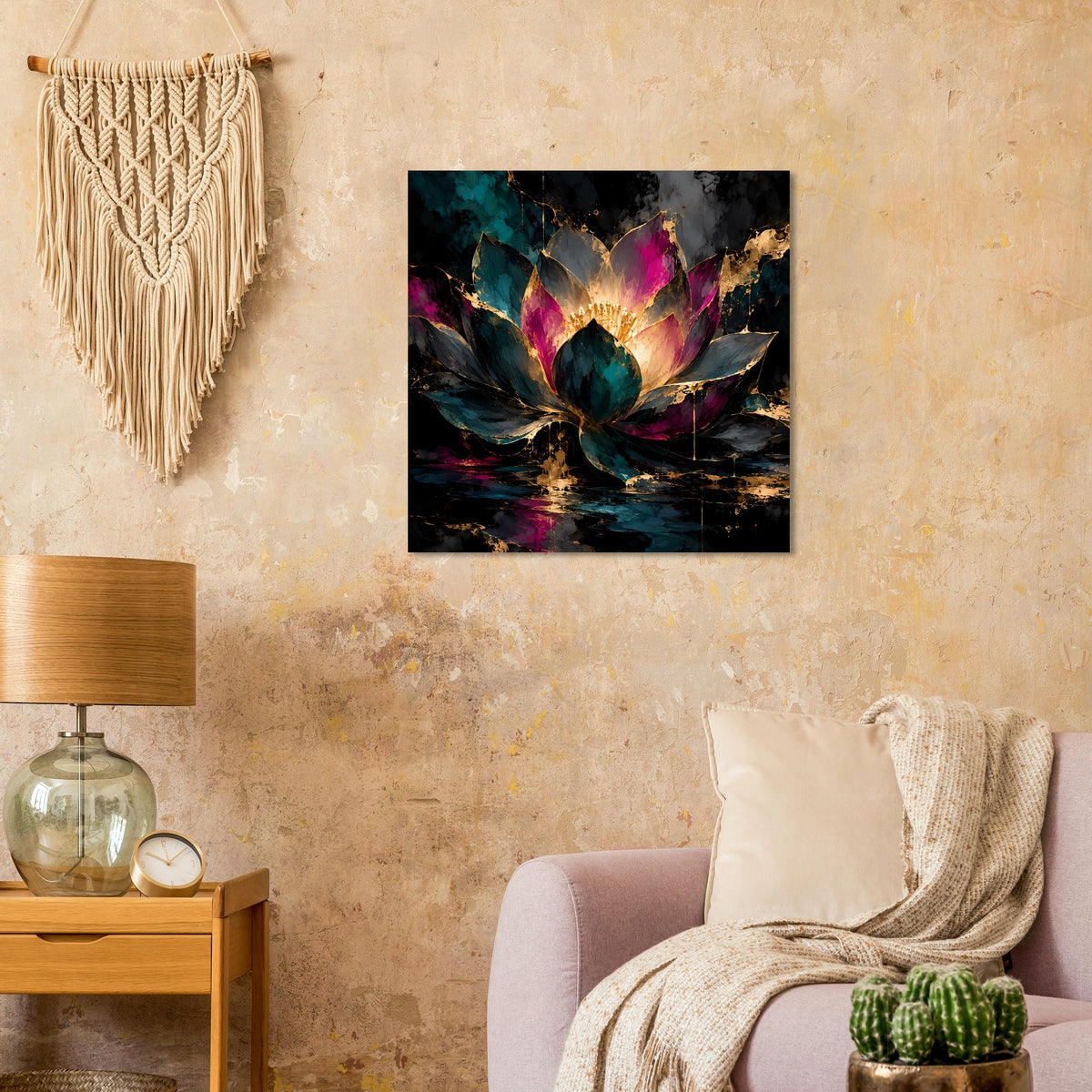 Kunstposter mit leuchtender Lotusblüte in Blau, Pink und Gold auf dunklem abstraktem Motiv