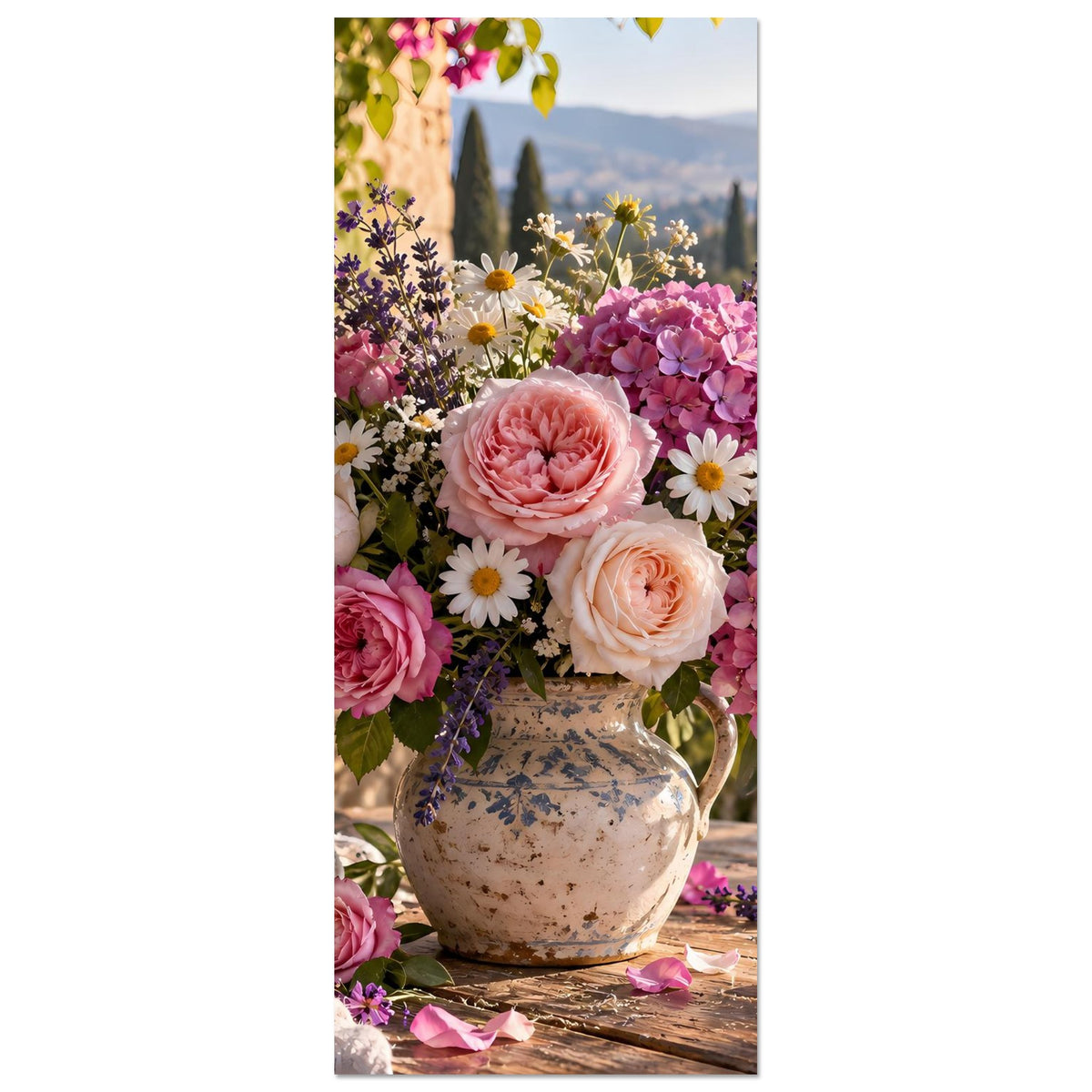 Poster im Hochformat: Blumenstrauß in Keramikvase mit pinken Rosen und Margeriten