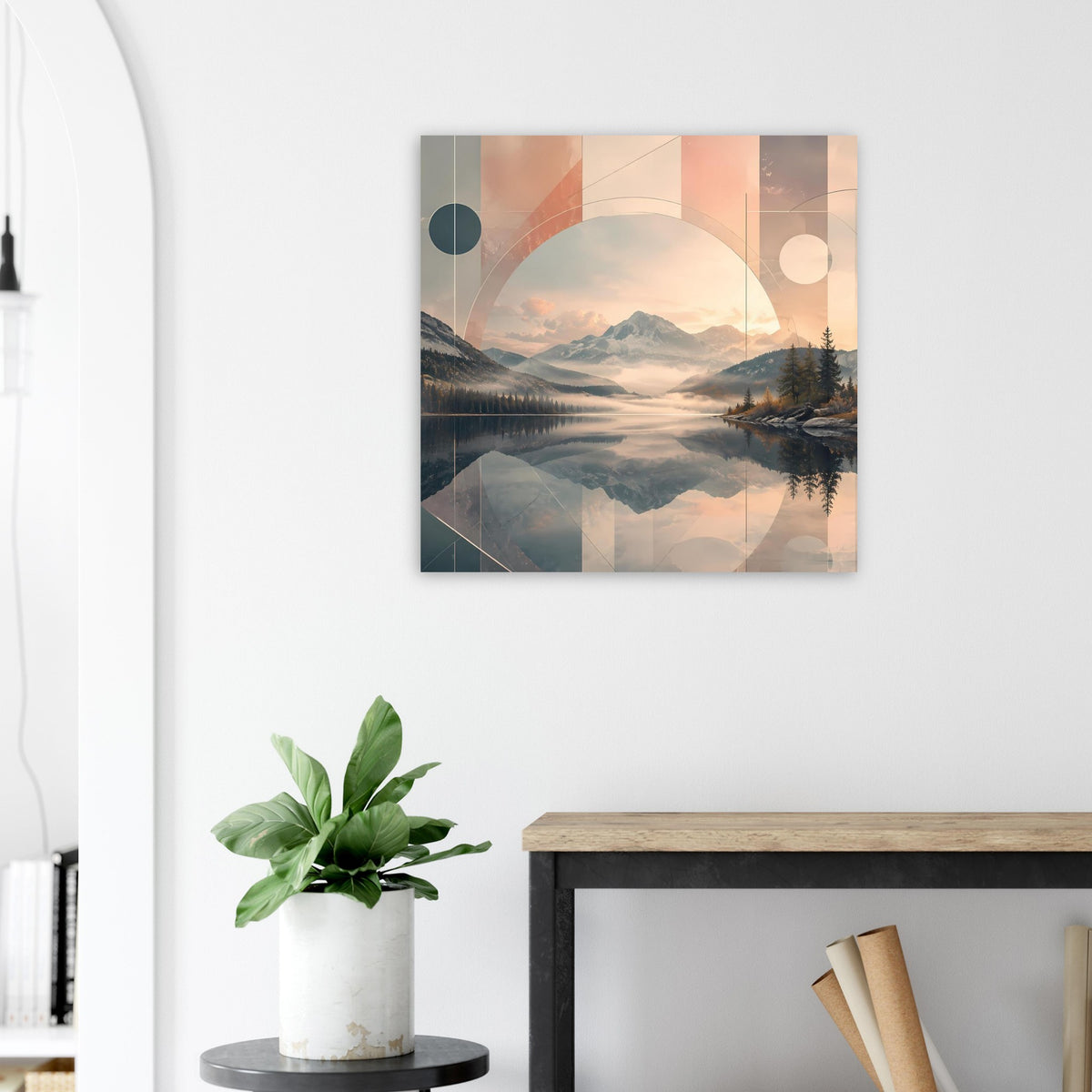 Quadratisches Poster mit geometrischem Landschaftsprint, Sonnenuntergang über Spiegelung im See