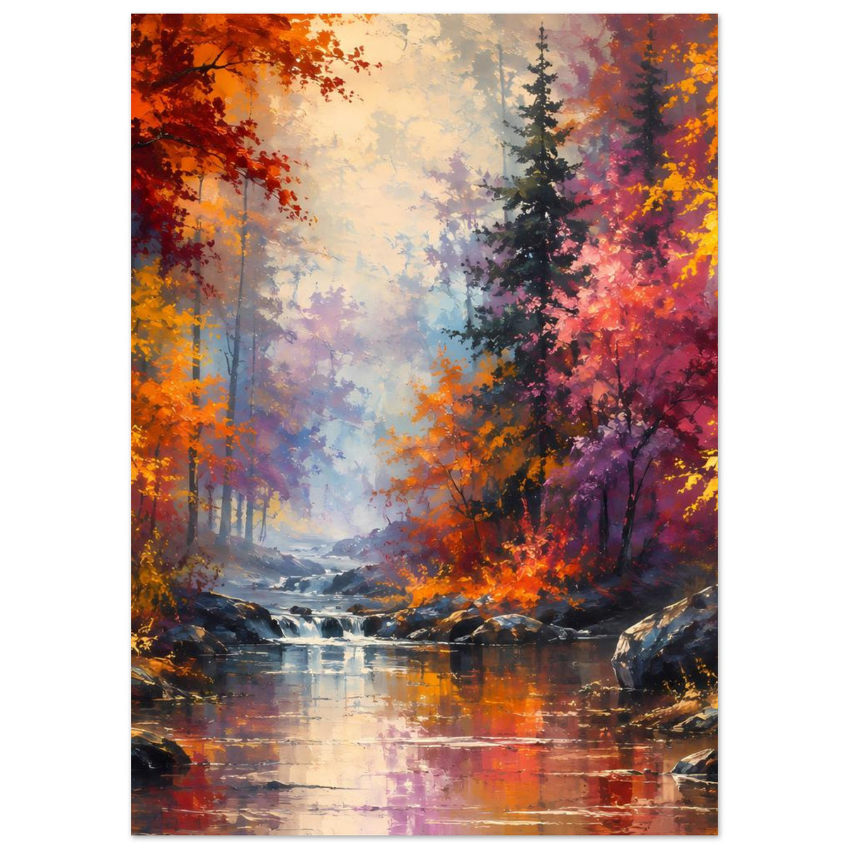 Aufrecht stehendes Herbstwald-Panorama-Poster mit Flusslauf, Steinen und buntem Laub