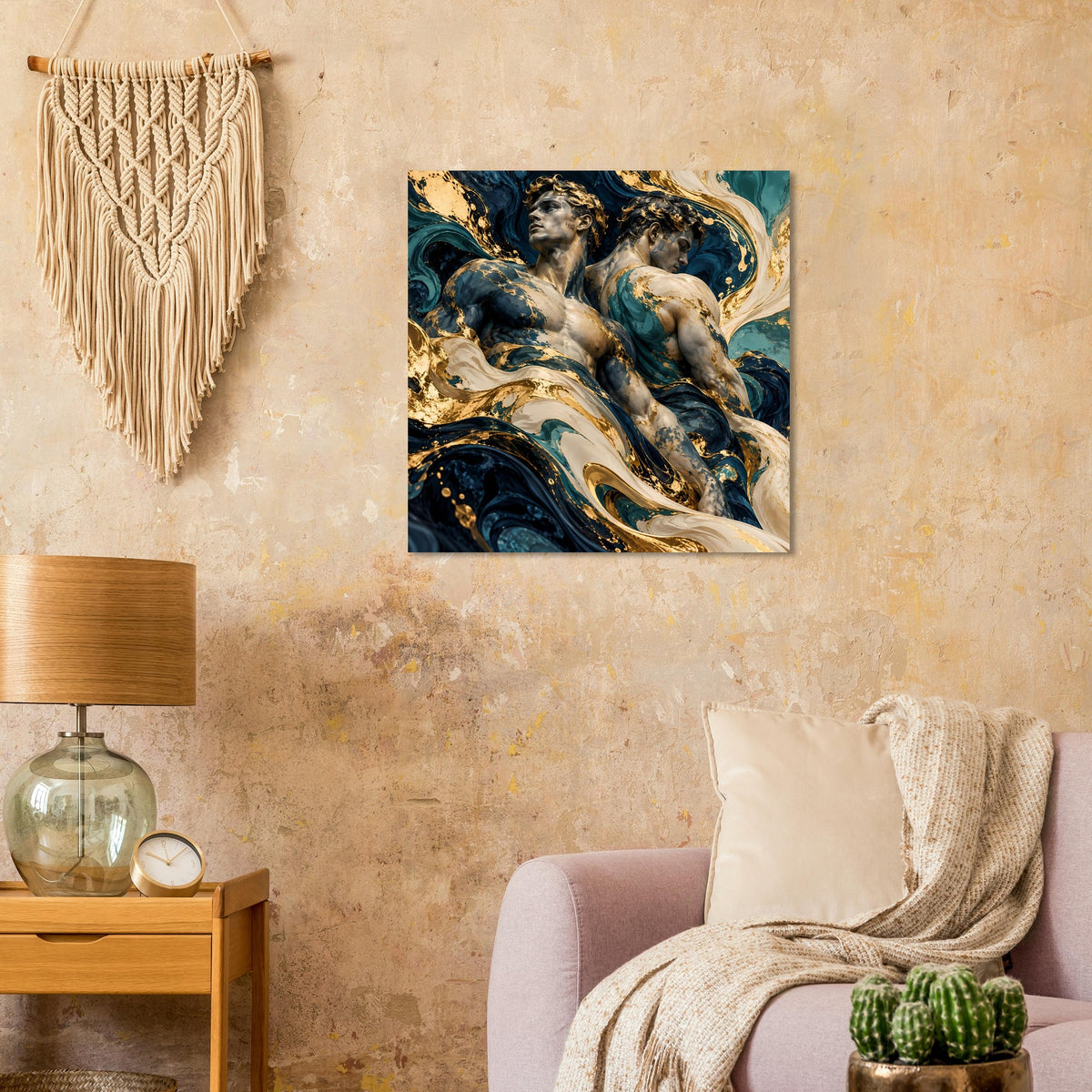 Kunstposter mit barockem Engel-Motiv in Blau und Gold, quadratisch