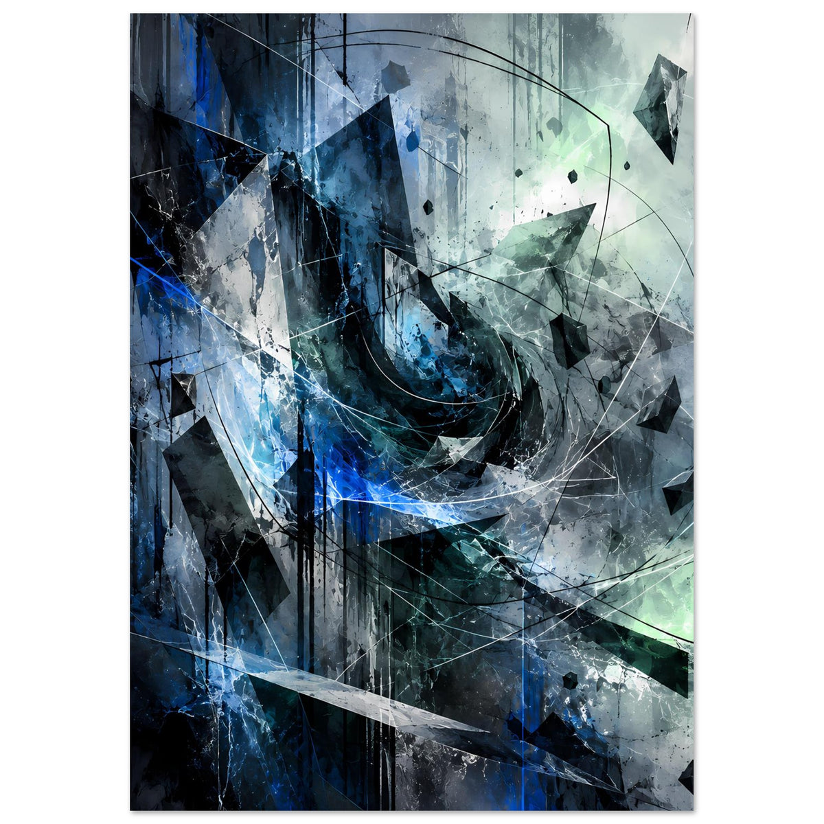 Abstraktes Kunstposter, blau und grün, mit Kreisbogen, Streifen und schraffierten Formen
