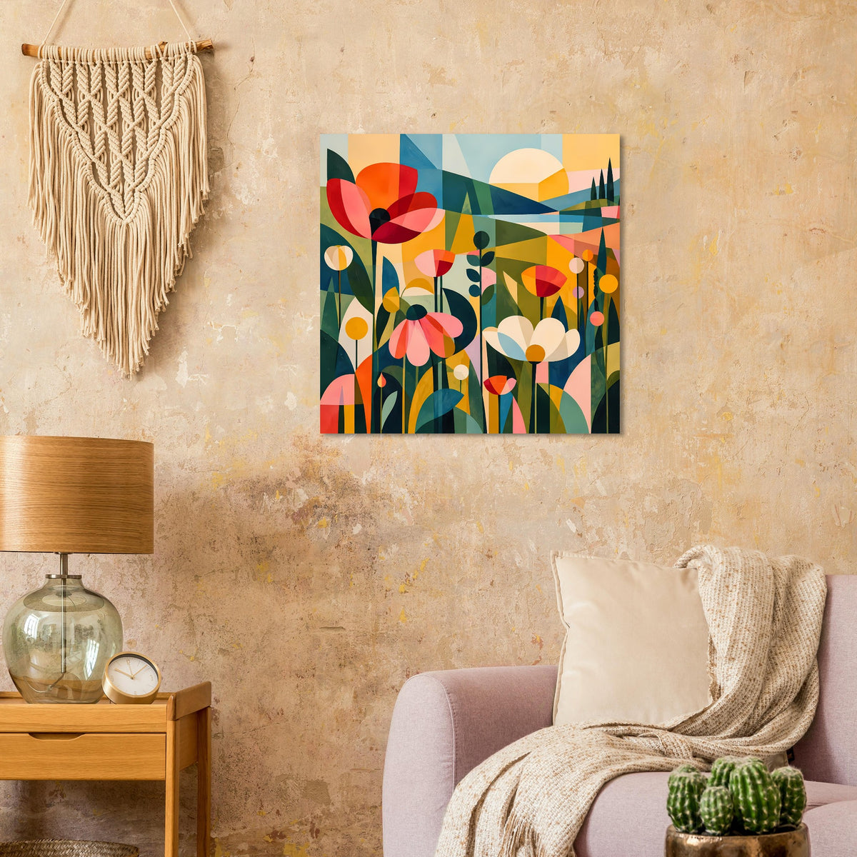 Quadratisches abstraktes Blumenposter mit orangefarbenen Blüten und grünen Halmen