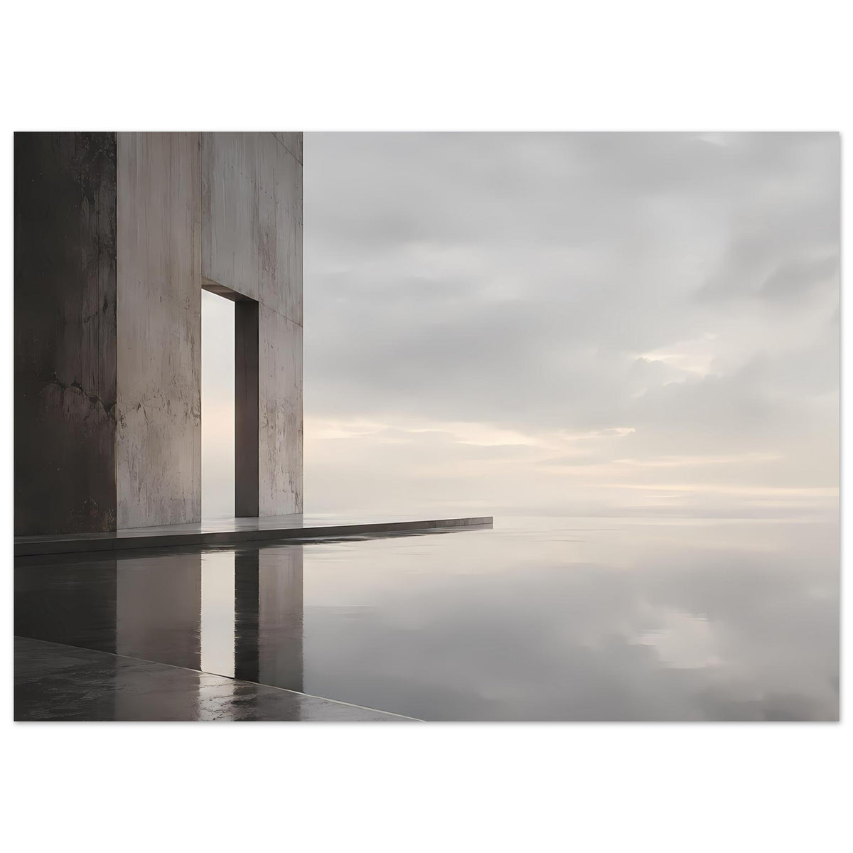 Horizontales Architektur-Poster: Betonpfeiler, ruhiger Horizont, Spiegelung auf glattem Boden
