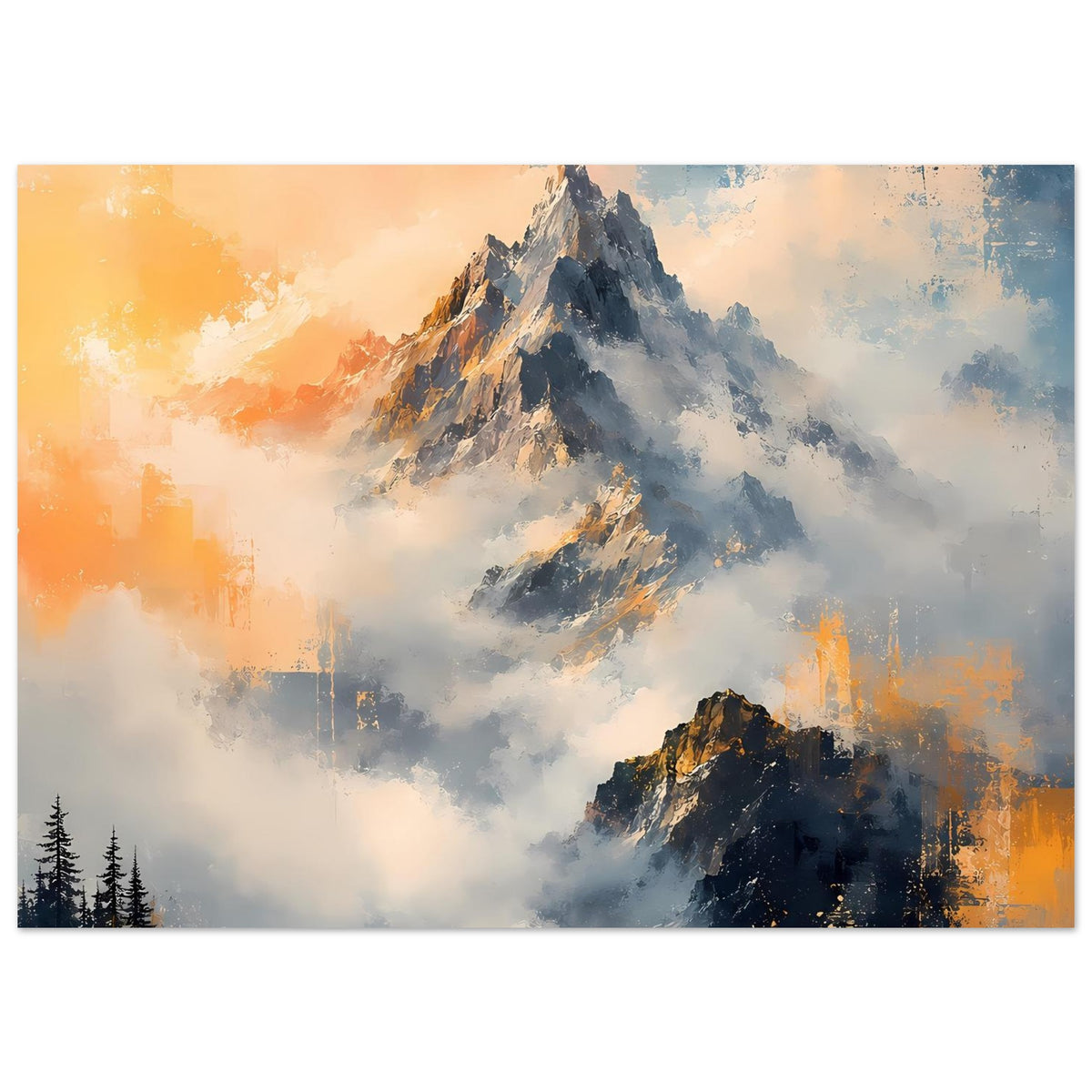Horizontales Poster mit schroffen Bergen, Blau-Nebel und warmen Orange-Lichtern