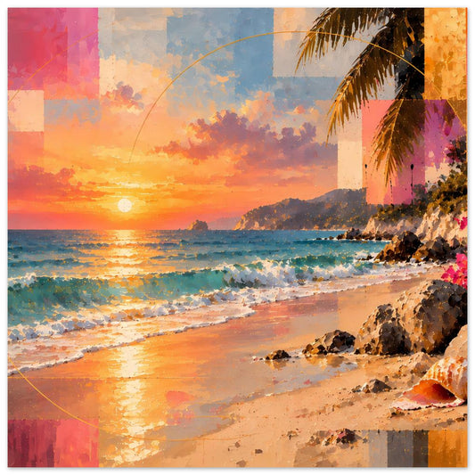 Poster mit Sonnenuntergang am tropischen Palmenstrand: Meer, Wellen, Felsen und Palme