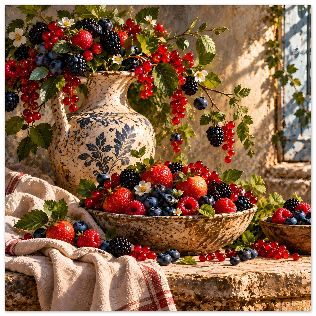 Beeren-Stillleben-Poster mit Schale voller Beeren, bunten Blüten und besticktem Stoff