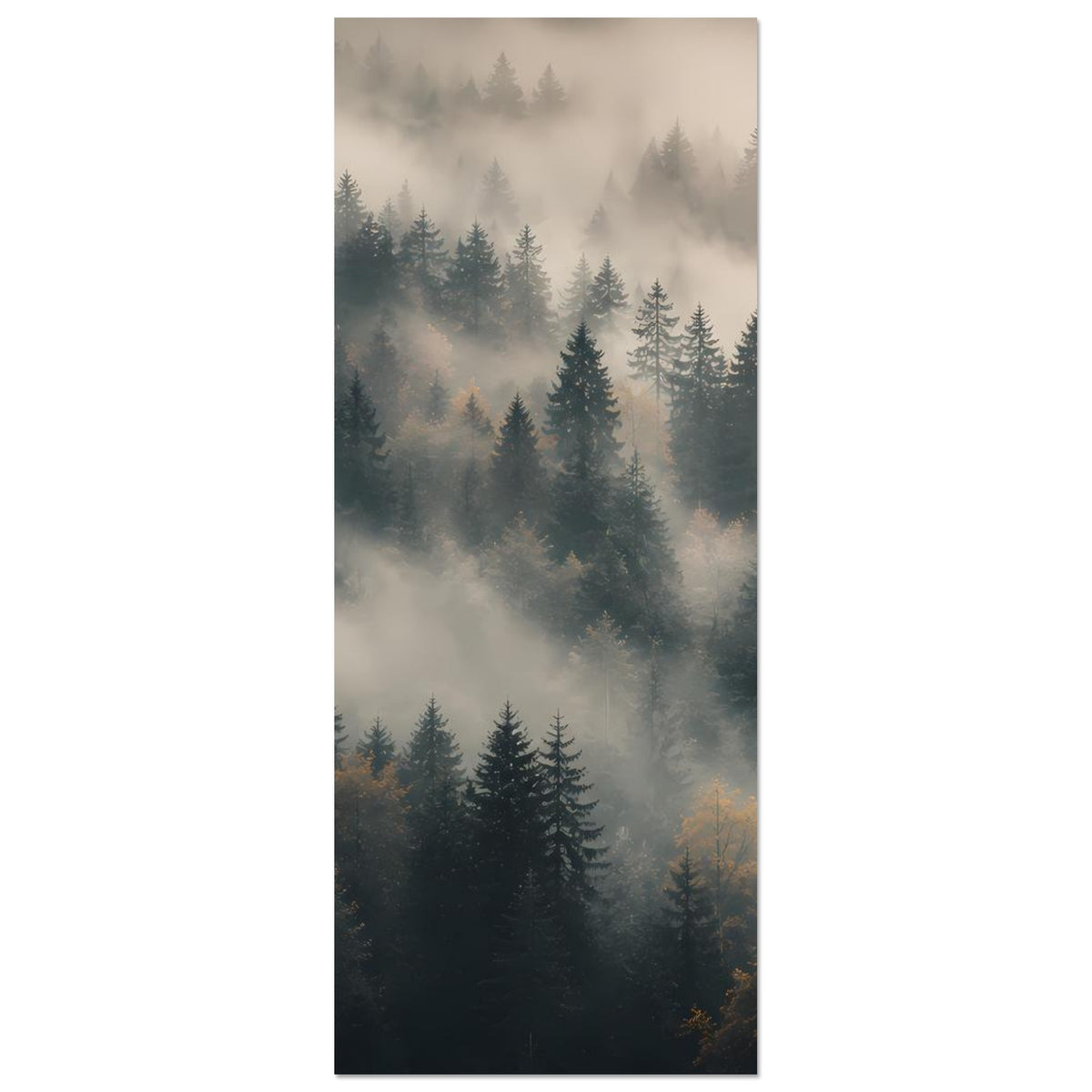 Hochformatiges Poster mit Tannen im Nebel, schmale Ansicht mit mehreren Baumebenen