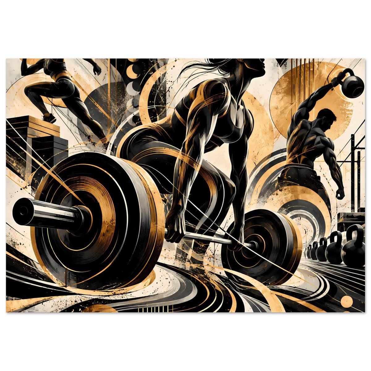 Fitness-Action Poster mit Athlet beim Heben einer Langhantel, abstrakt in Gold und Schwarz