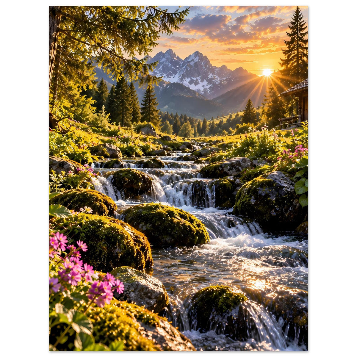 Poster mit Wasserfall, Tannenwald und blühenden Pflanzen im warmen Abendhimmel