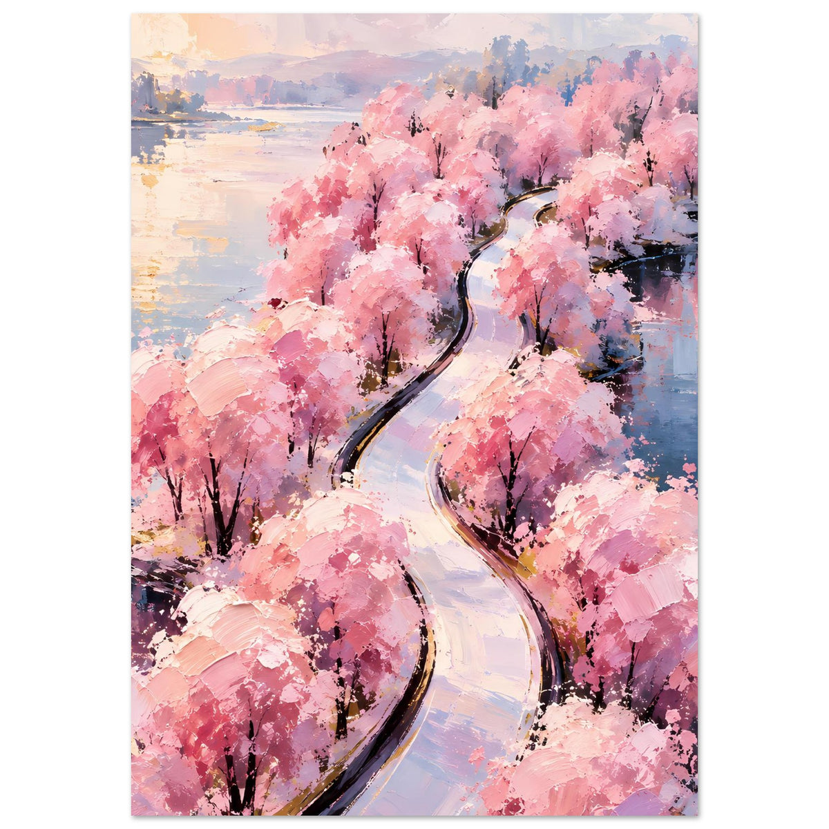 Wandposter mit rosa Blütenbäumen und geschwungenem Pfad durch die Landschaft
