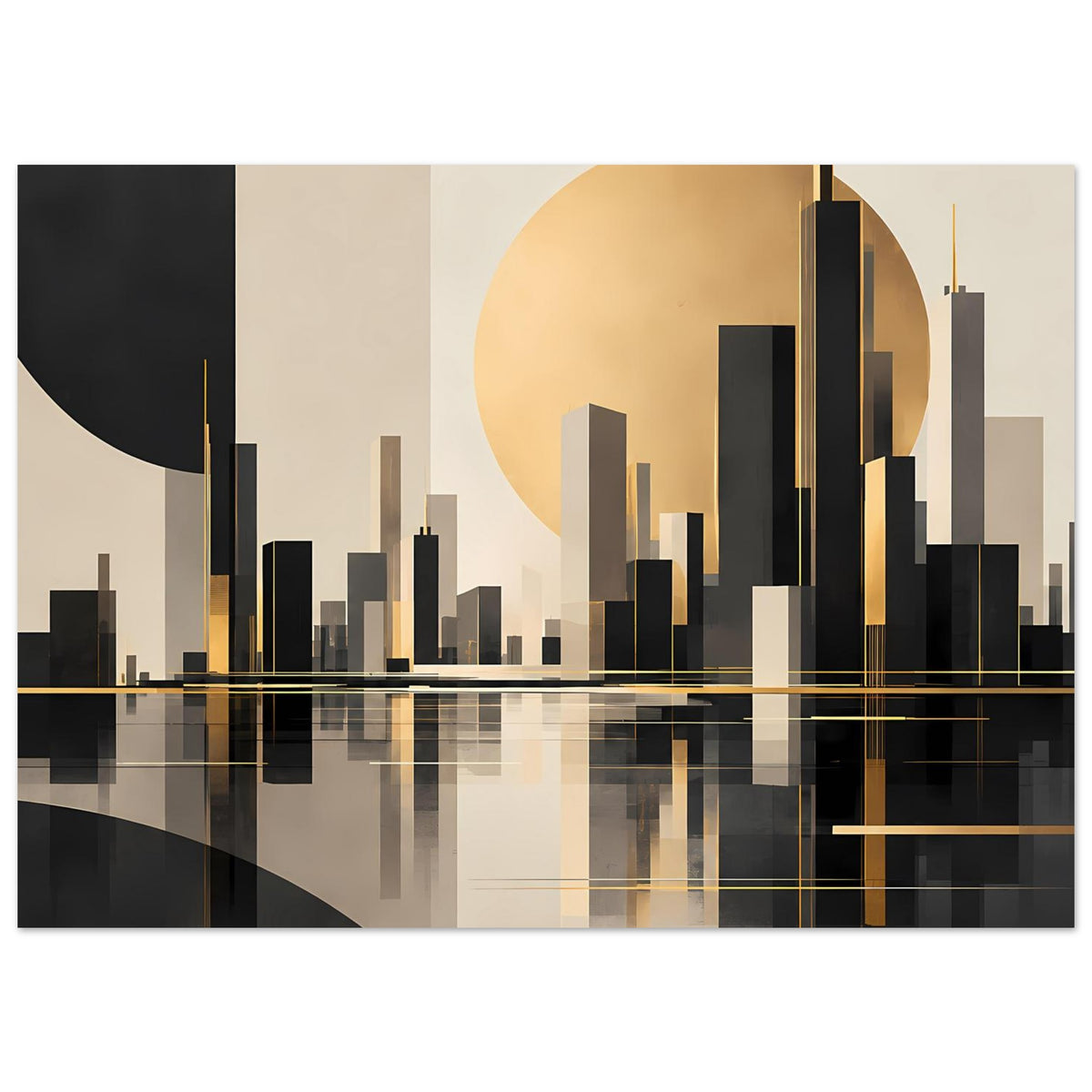 Poster mit abstrakter Skyline, Goldstreifen über Spiegelung und geometrischen Formen