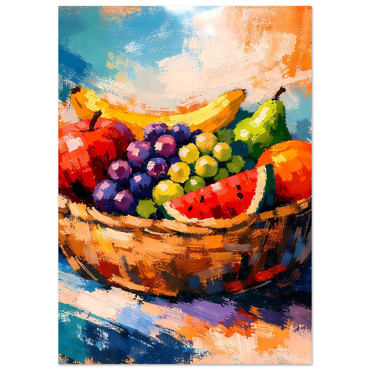 Poster mit buntem Früchtekorb: Weintrauben, Melone und Pfirsichfarben im Stil der Malerei
