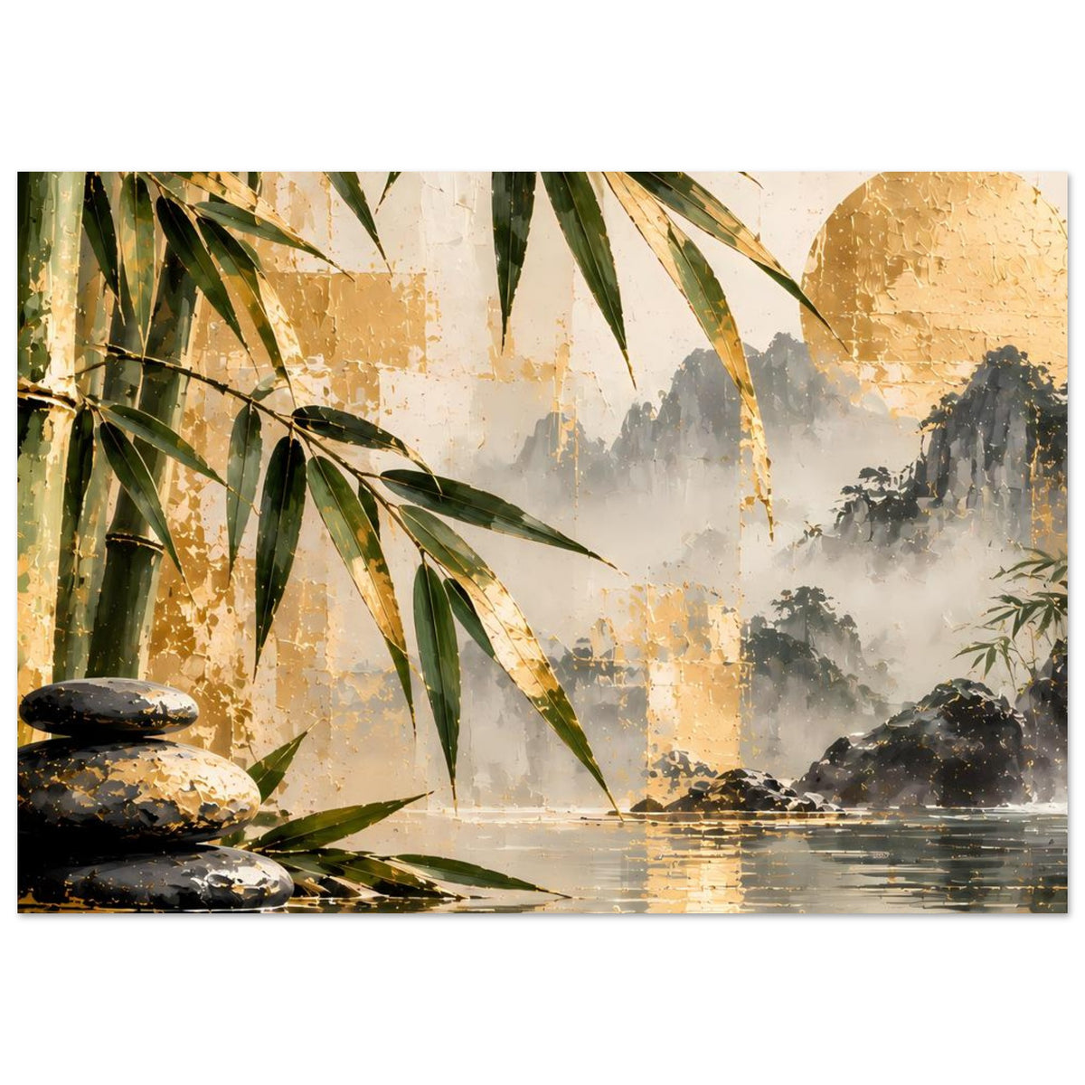 Zen-Bambus-und-Wasserfallposter mit Bambuszweigen links, Wasserfall in Nebel und ruhigem See