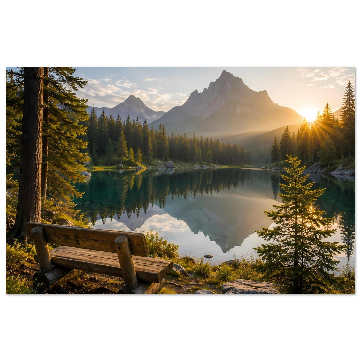 Horizontales Poster mit Bergsee bei Sonnenuntergang, goldene Sonne und Bank im Vordergrund
