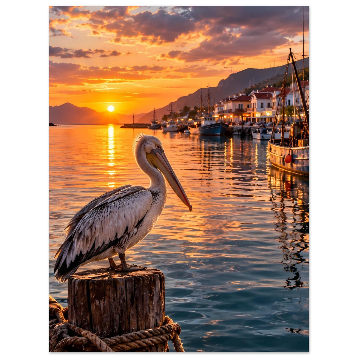 Premium-Poster mit Pelikan auf Holzpfahl am Hafen bei Sonnenuntergang