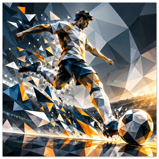 Fußballposter im Hochformat mit dynamischem Spieler in Blau/Orange, Schwerpunkt auf Ball unten