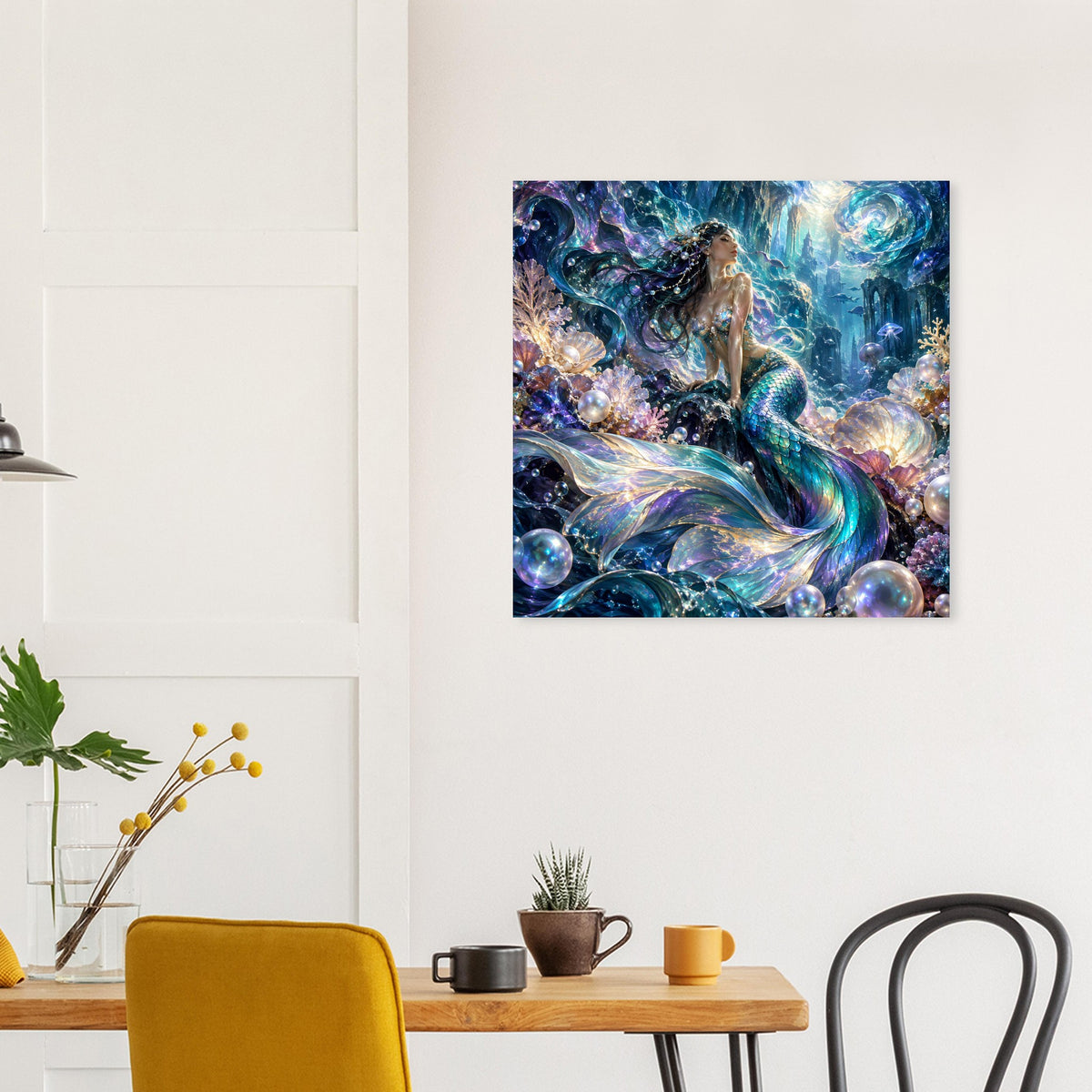 Meerjungfrau-Fantasieposter: Pose mit fließendem Haar, Perlenkugeln und Korallen, Blau
