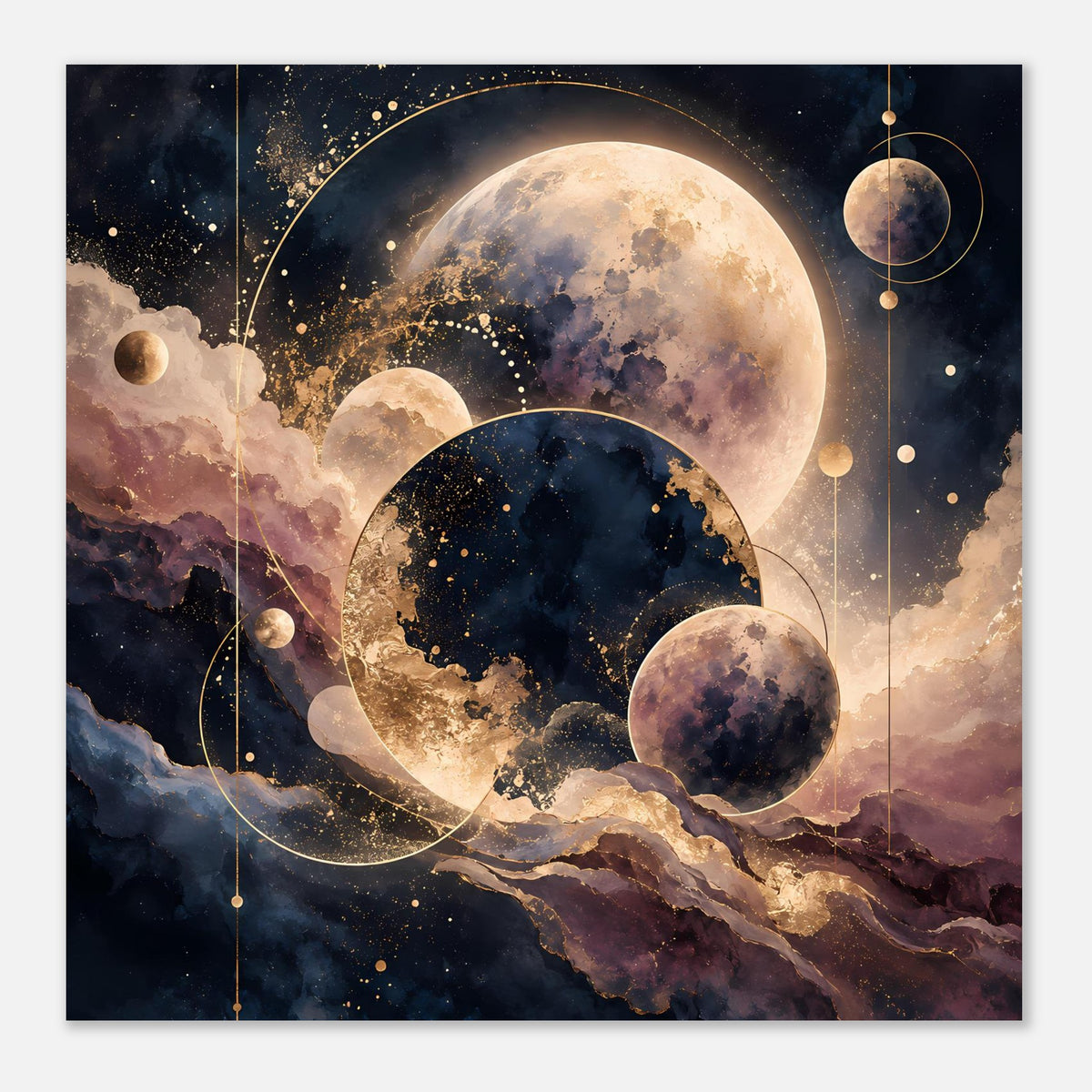 Poster im Querformat: große Mondoberfläche, weitere Planeten und goldene Kreise