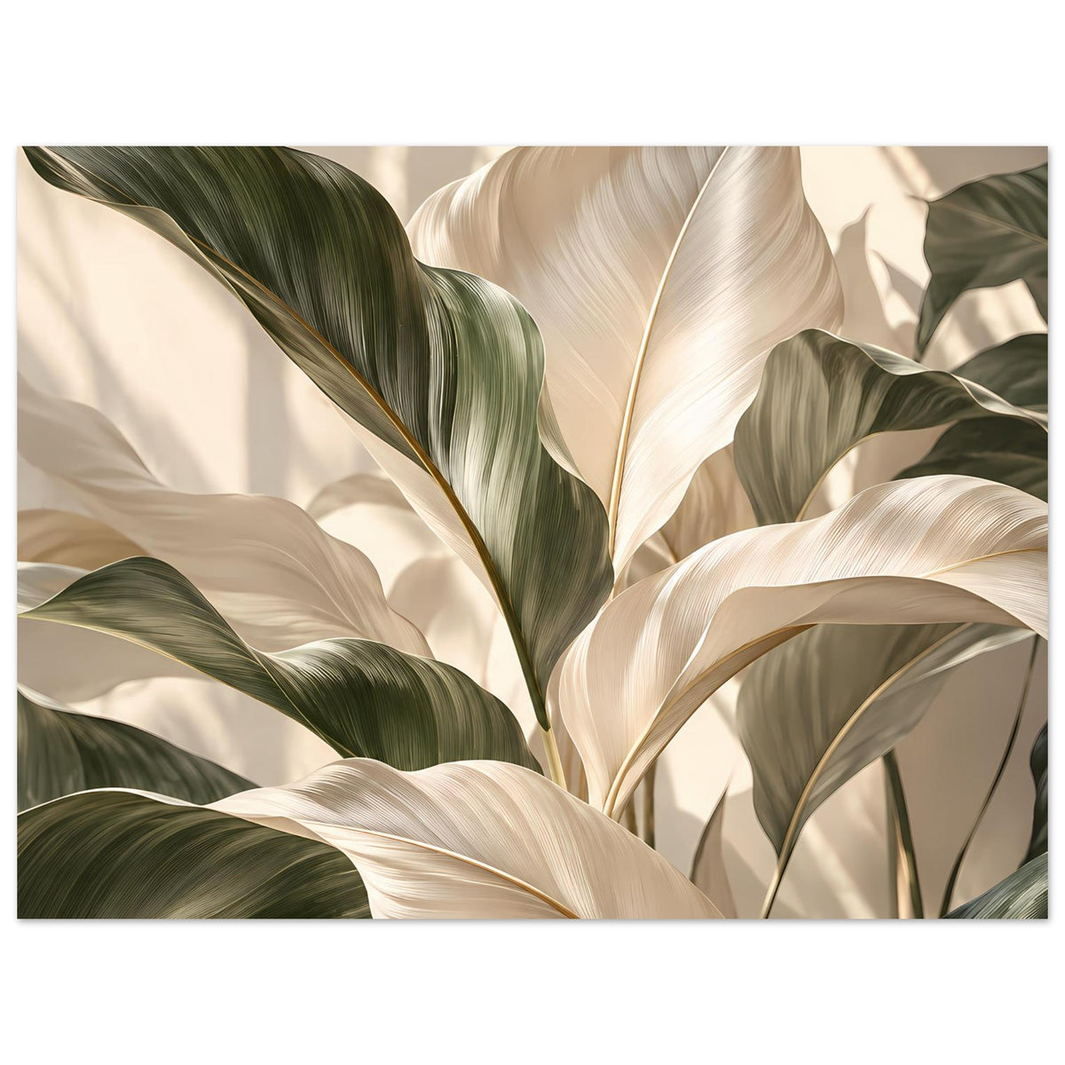 Gerahmtes Poster mit Palmenblättern in Dunkelgrün, Creme und Beige