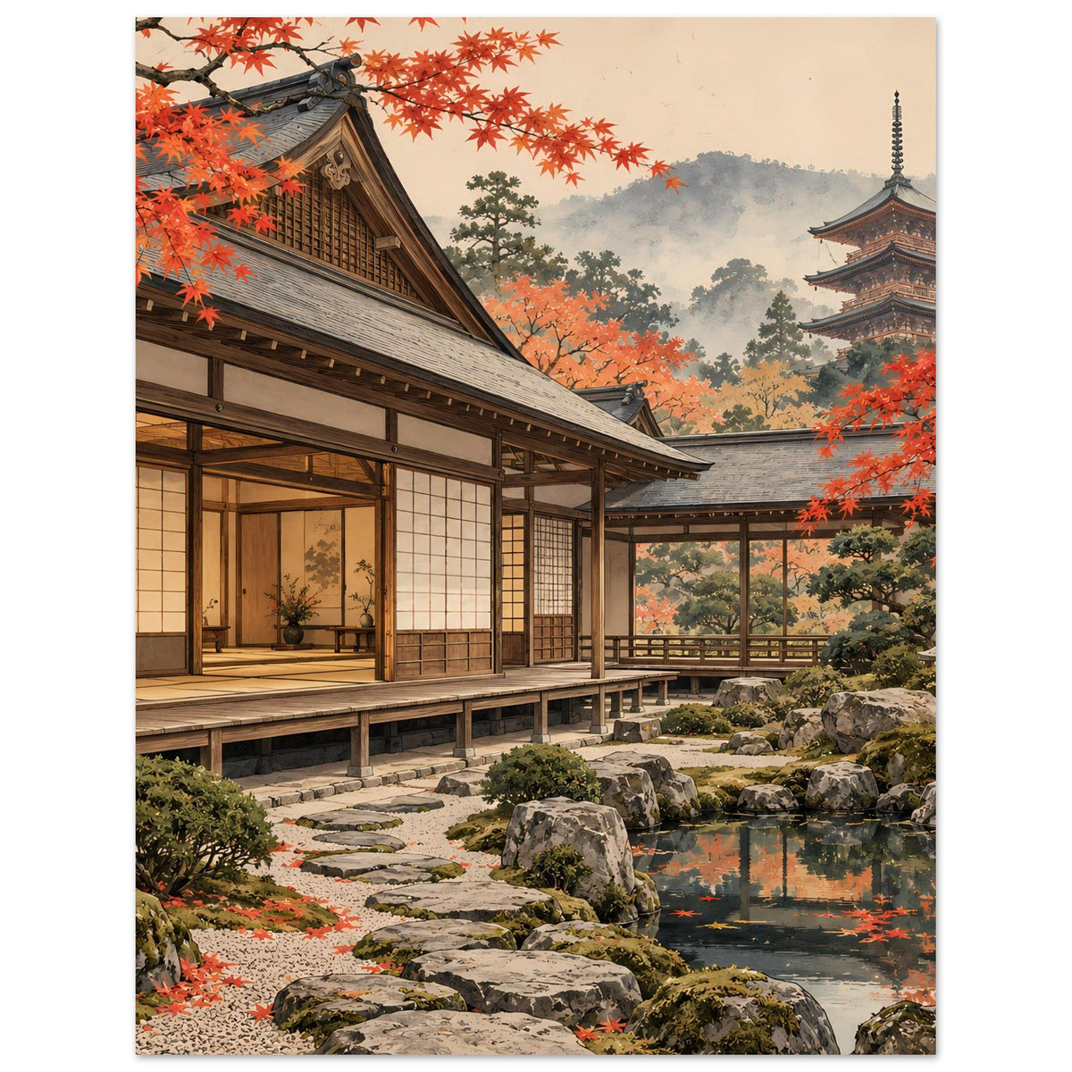 Herbstgarten-Poster mit japanischem Holzgebäude, rotes Laub über dem Teich und gepflasterter Wegspur