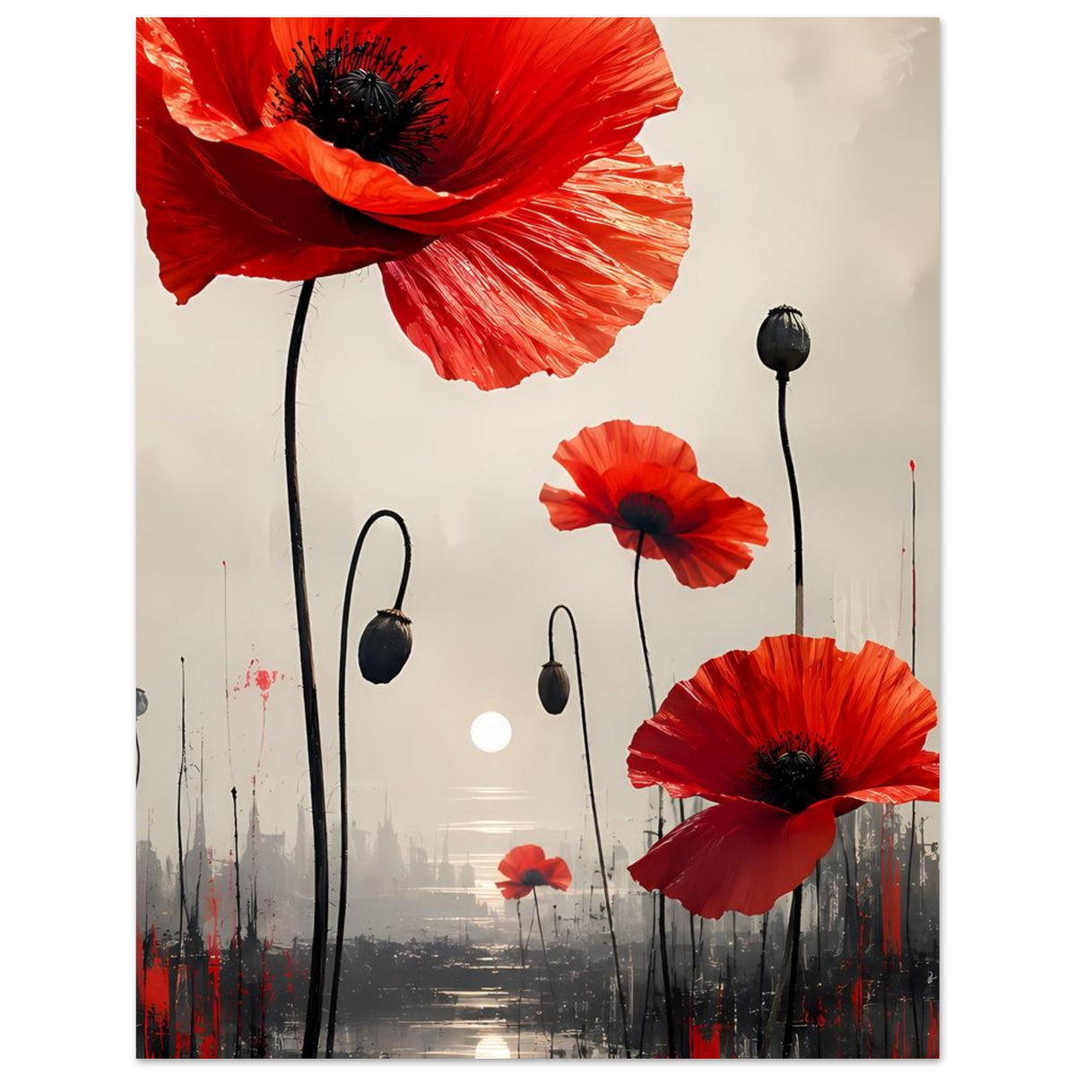 Rotes Mohnblumen-Poster mit vier Blüten, schwarzen Stielen und hellem Hintergrund