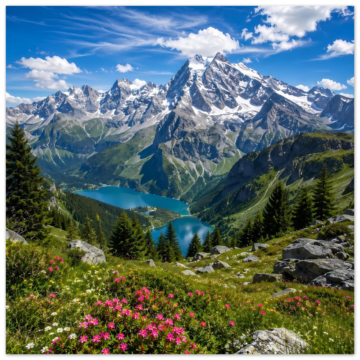 Alpenlandschafts-Poster: schneebedeckte Gipfel über grünen Tälern mit See und Fichten
