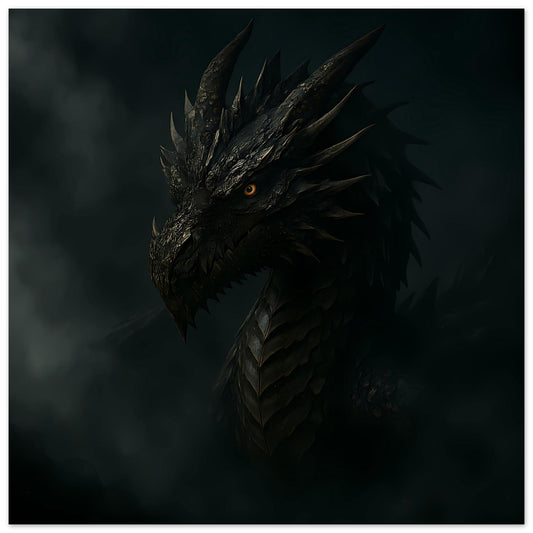 Drachenkopf-Poster: finsterer schwarzer Drache mit leuchtendem orangefarbenem Auge