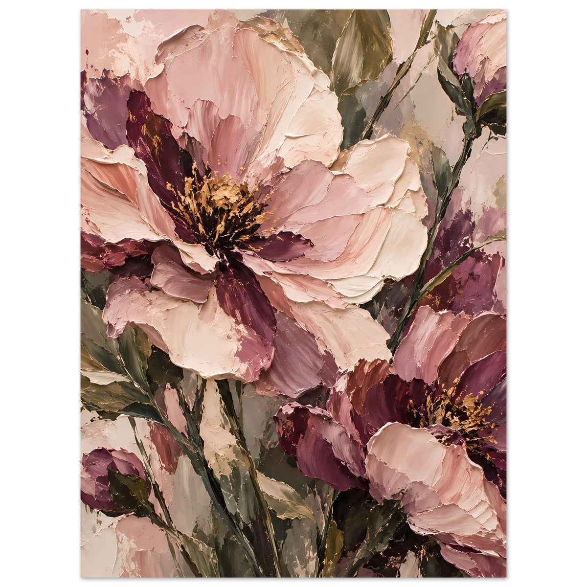 Florales Poster mit rosé- und mauvefarbenen Blüten in Strukturmalerei