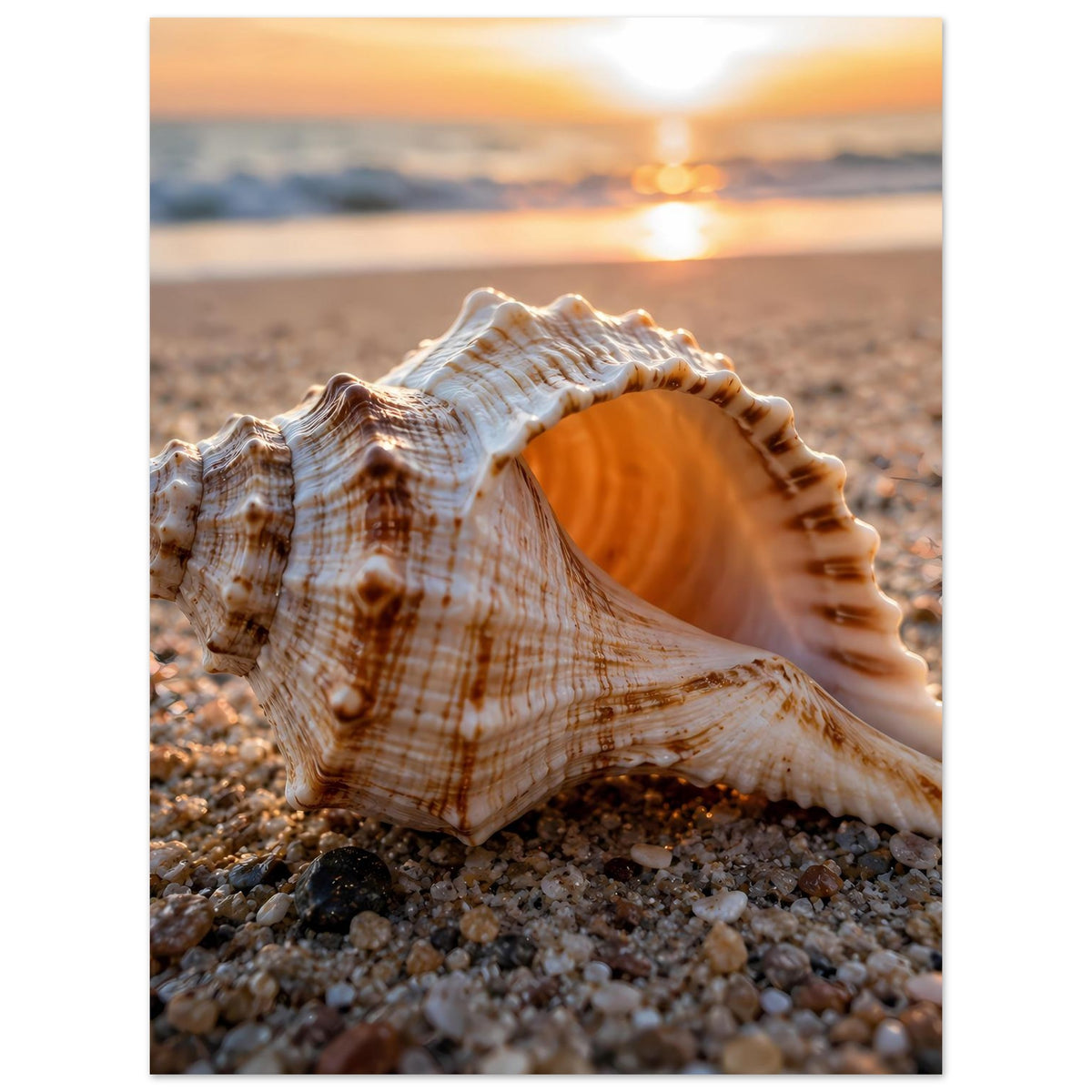 Strandposter mit Muschel auf Kies und hellen Reflexen im oberen Bildbereich