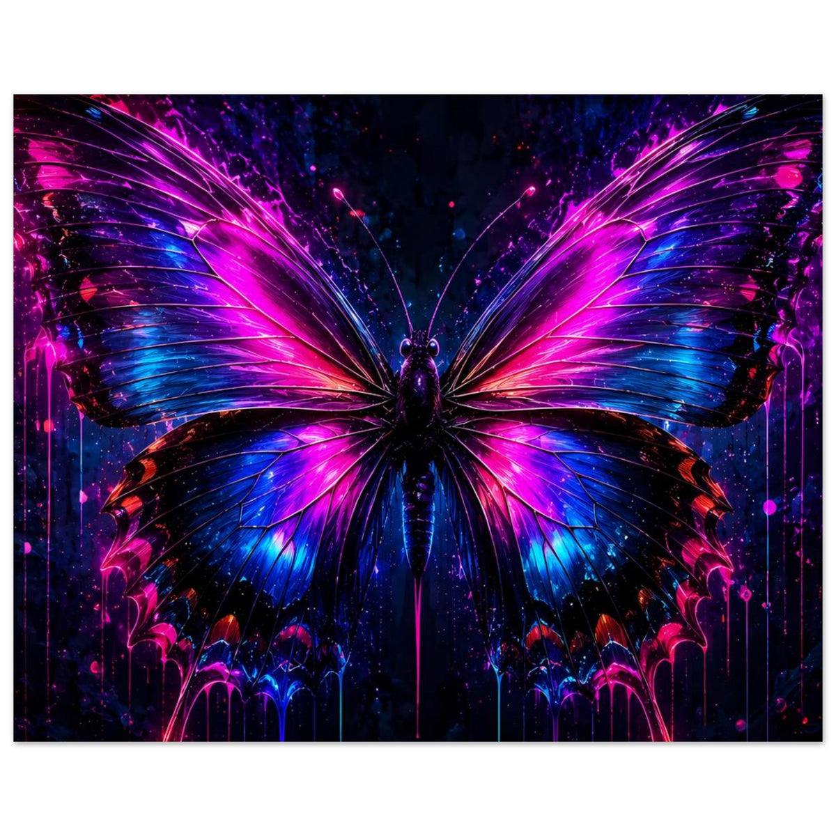 Neon-Schmetterlingsposter: Flügel strahlen in Pink und Blau, dunkler Hintergrund