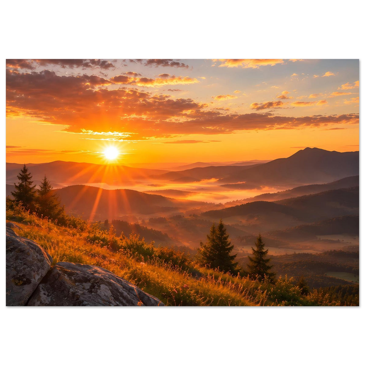 Landschaftsposter mit Sonnenuntergang, Bergtälern, Wiesenhang und Tannen