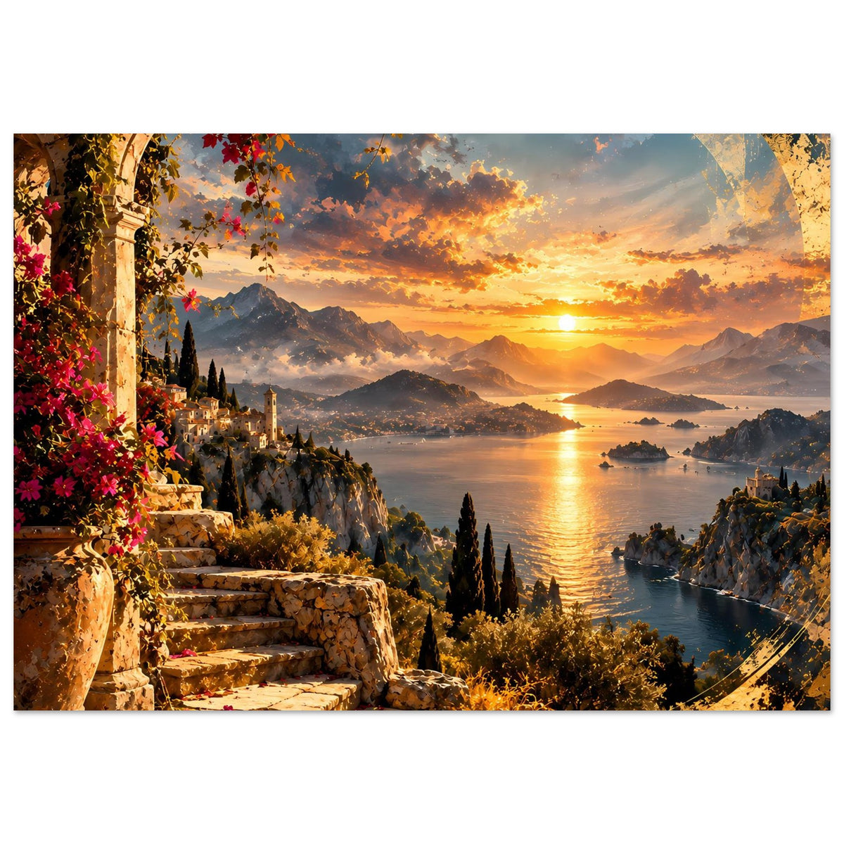 Küstenposter im Querformat: Sonnenuntergang, goldenes Meer, Nebel über Tälern und Berge