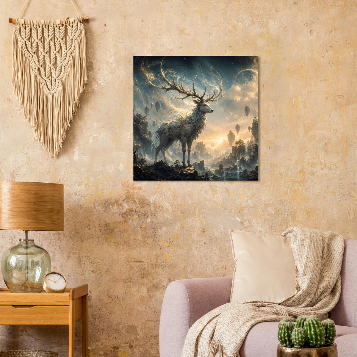 Quadratisches Hirsch-Poster im Fantasy-Stil mit goldenem Dämmerlicht und Nebel