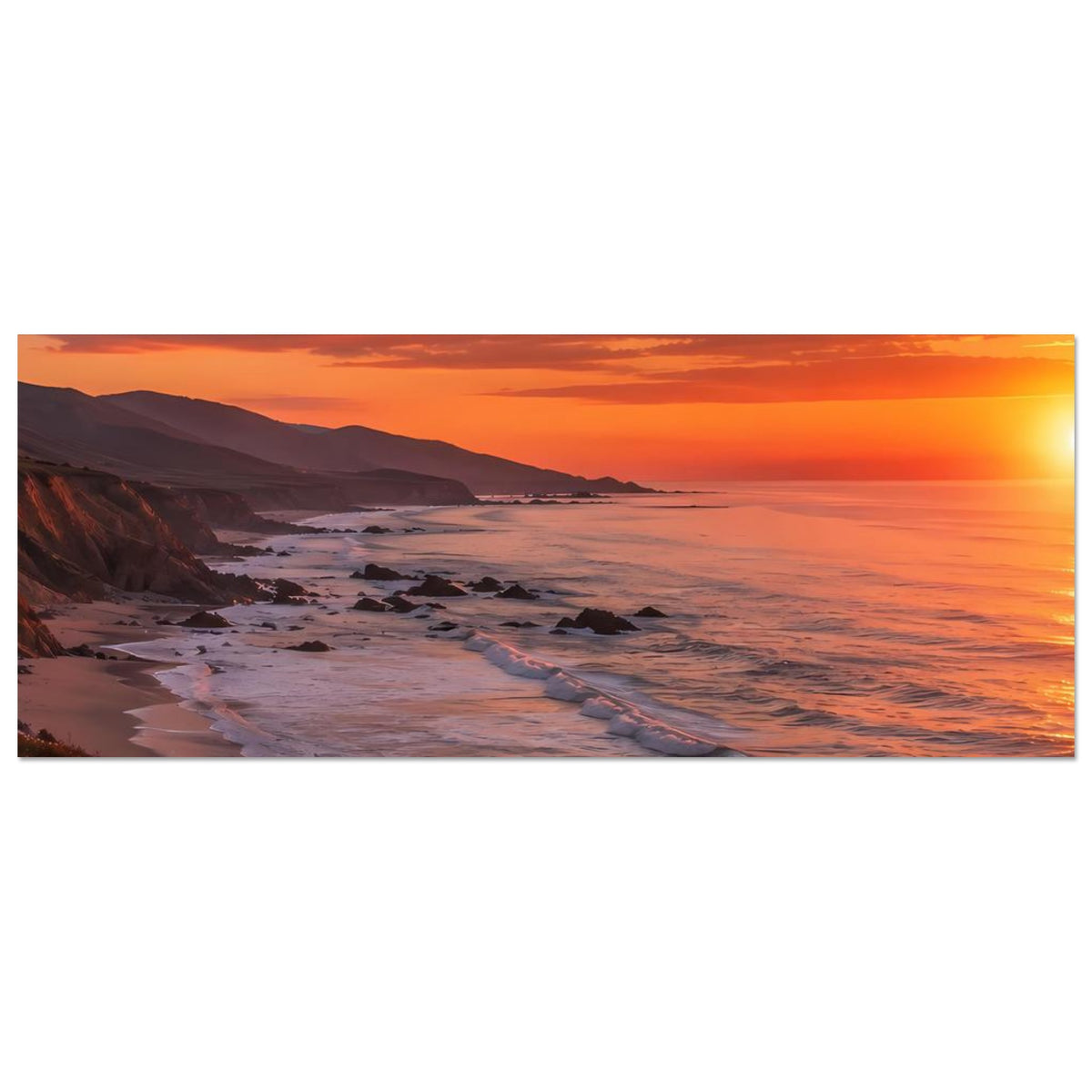 Horizontales Poster mit Küstenlinie bei Sonnenuntergang, orangefarbene See und Strand.