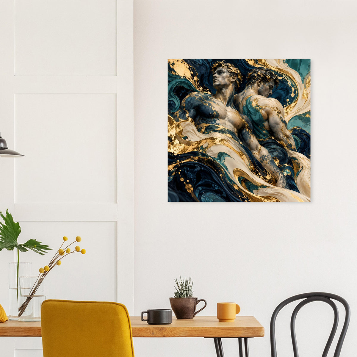 Quadratisches Kunstposter mit Engelmotiv in Dunkelblau, Gold und Creme