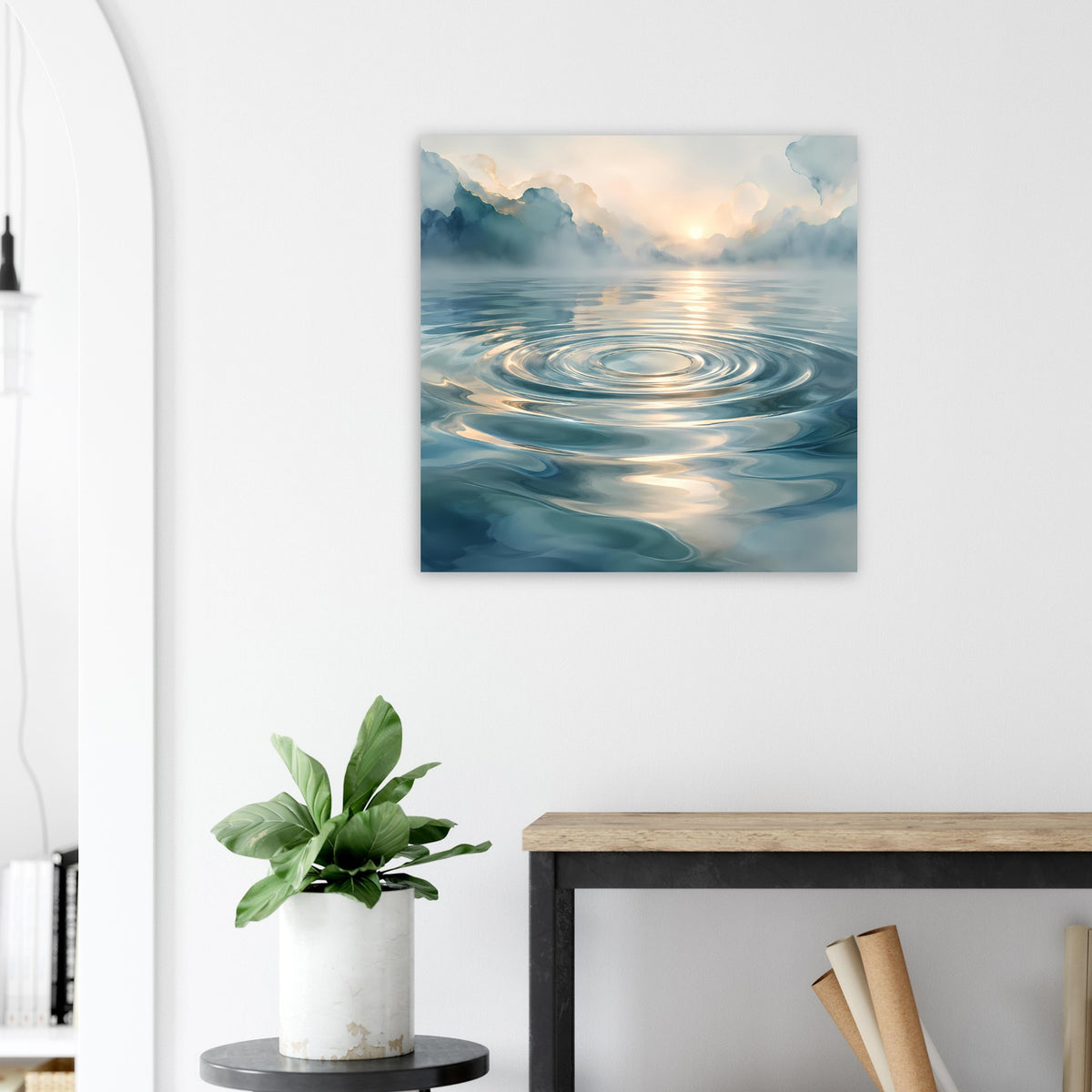 Quadratisches Poster mit Wasserwellen und Sonnenaufgang über dem Meer