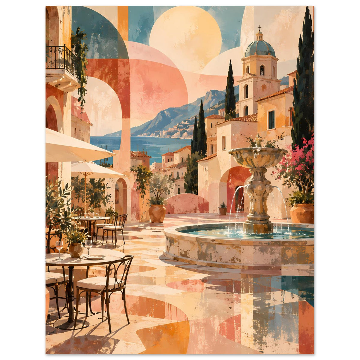Mediterranes Poster im Hochformat: Brunnenfigur und Terracotta-Fassade mit Blumen und Bogenfenstern