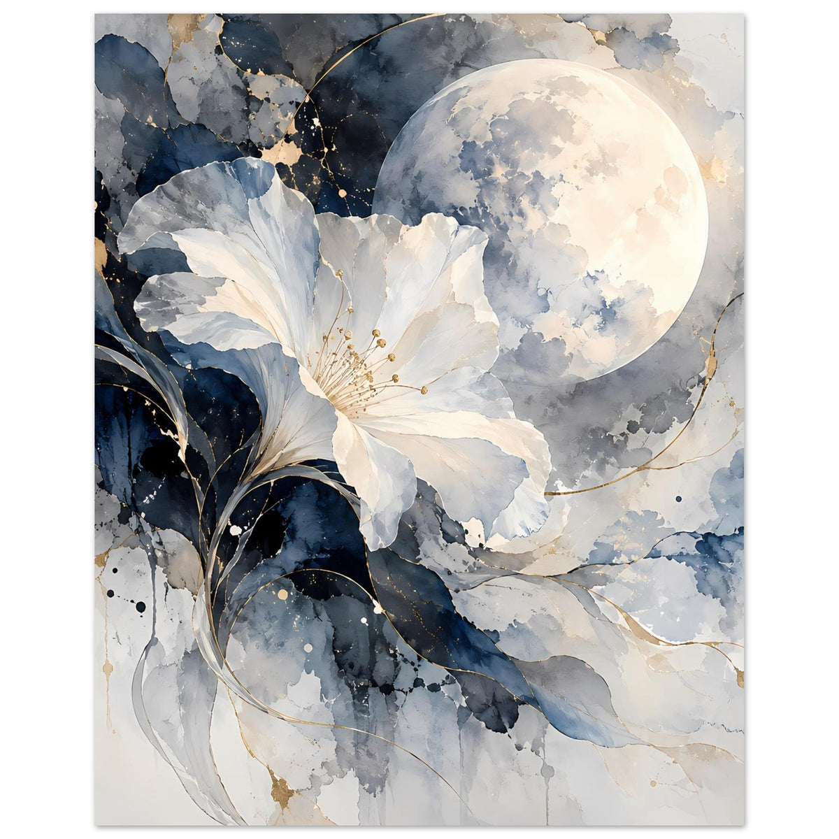 Wandposter mit Mondsichel, weißer Blüte im Vordergrund und blauem Aquarell-Hintergrund