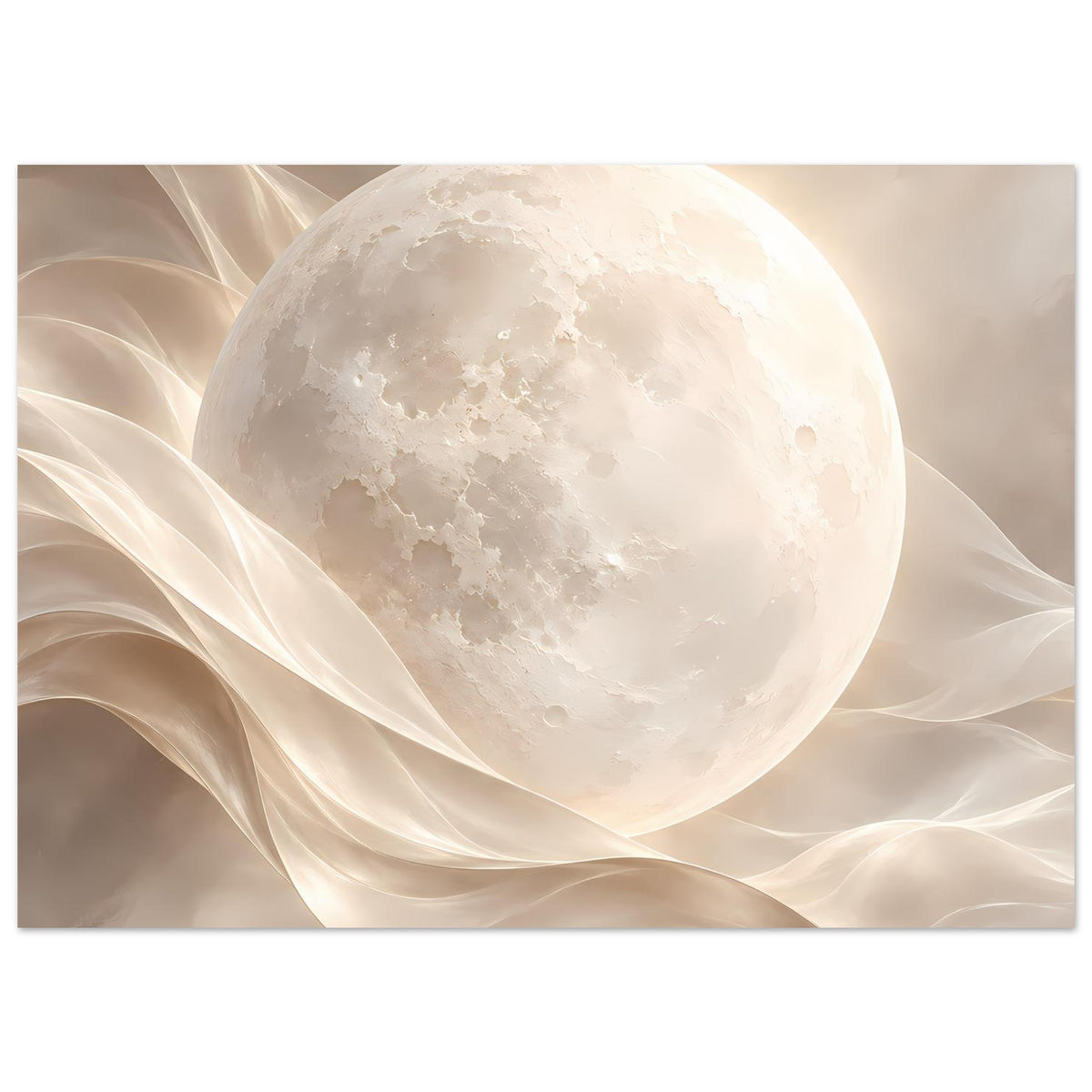 Kunstdruck im Querformat: Vollmond mit zarten Konturen auf schimmernden Schleifen