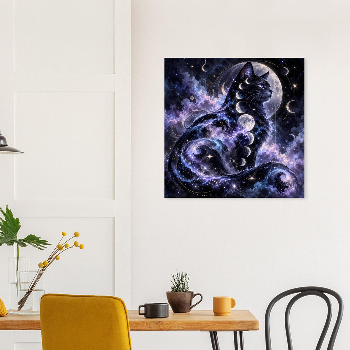 Poster mit kosmischer Katze und Mondphasen, Sternen-Nebel, quadratisch, schwarzer Rahmen