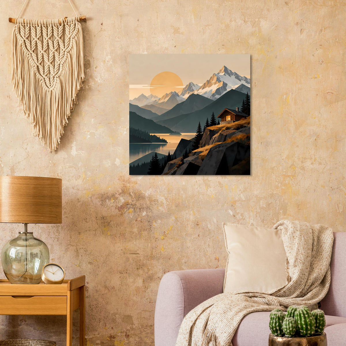 Quadratisches Poster mit Berglandschaft, Seeufer und beleuchteter Hütte