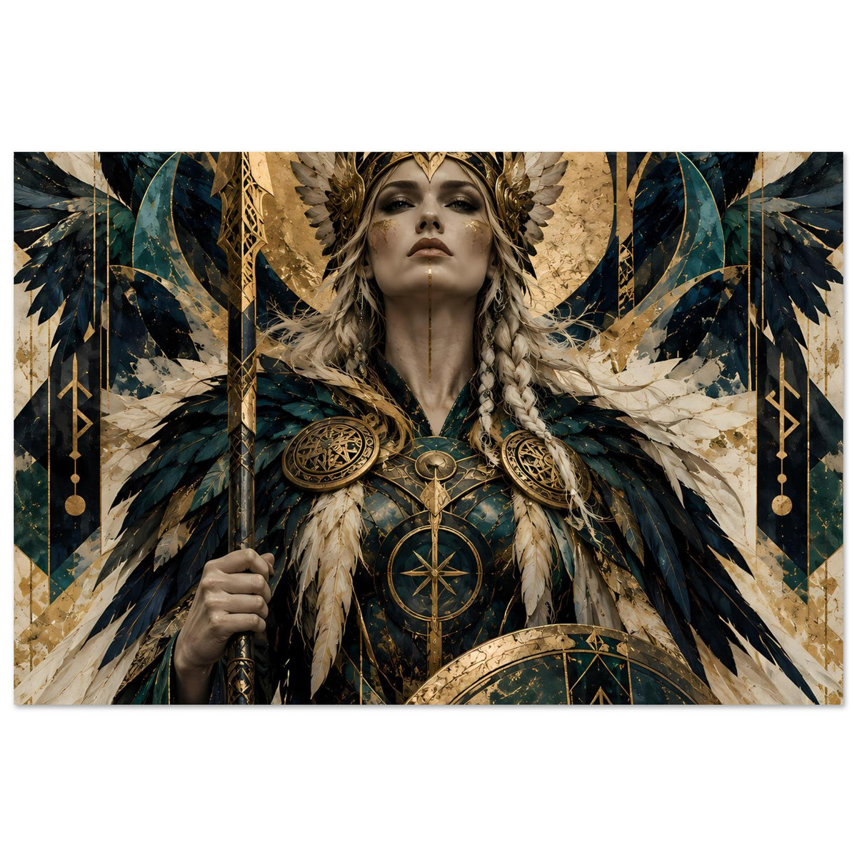 Wikinger-Poster: Kriegerin mit goldenen Amuletten, blauen Federn und Schwert in der Hand