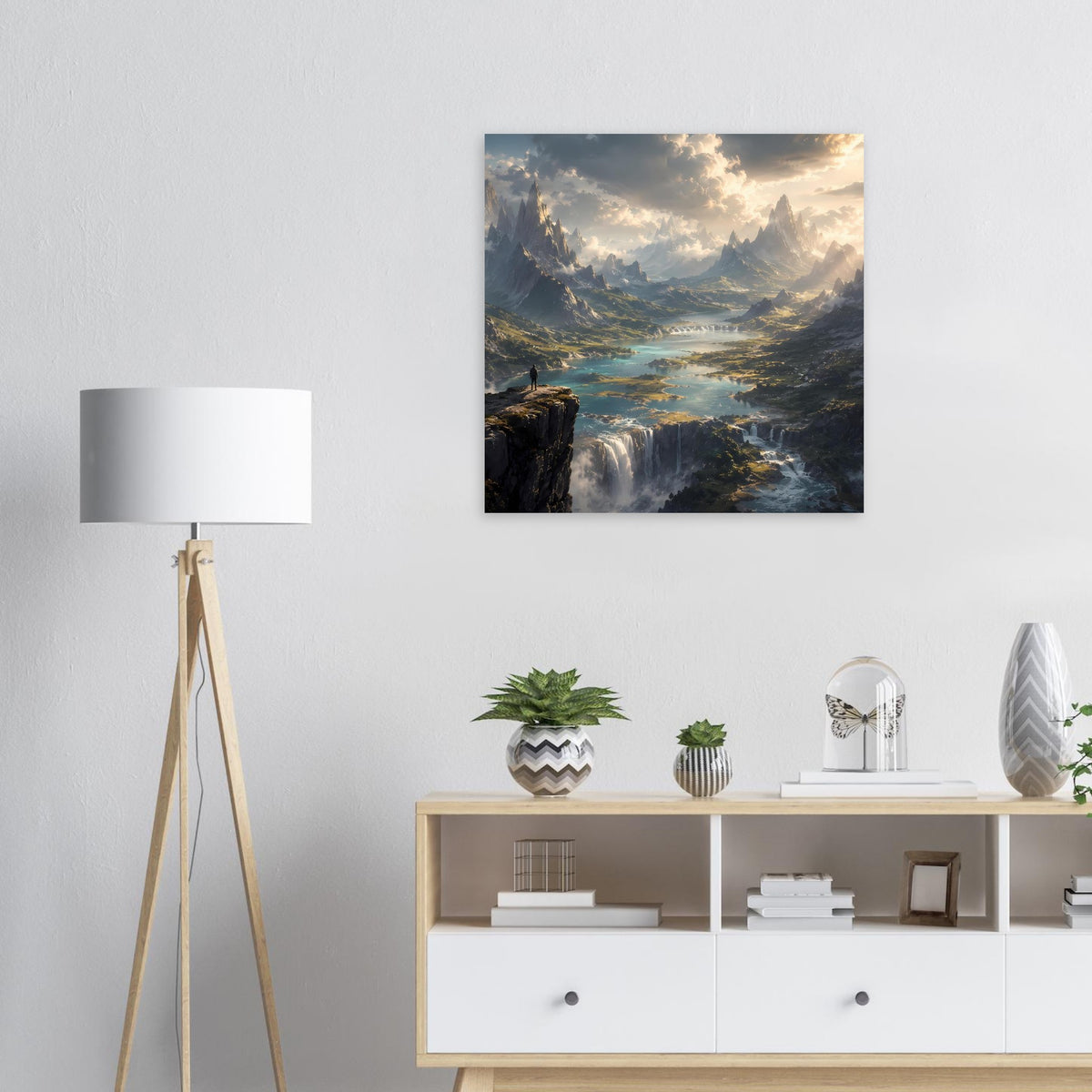 Poster mit Bergtal, Wasserfall und Fluss bei Sonnenaufgang, schwarzer Rahmen