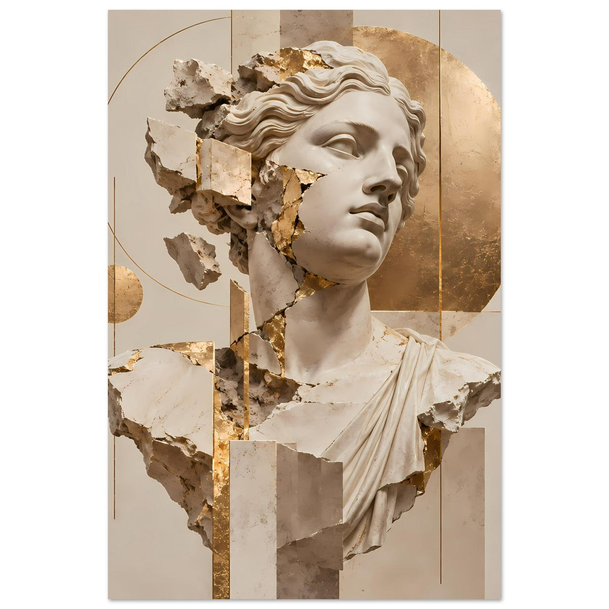 Kunstposter mit fragmentierter klassischer Skulptur: weißer Kopf mit Goldakzenten