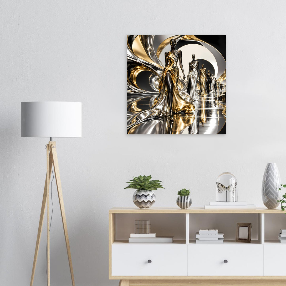 Quadratisches Poster mit gold-silberner abstrakter Metallkunstfigur und Kreisornament