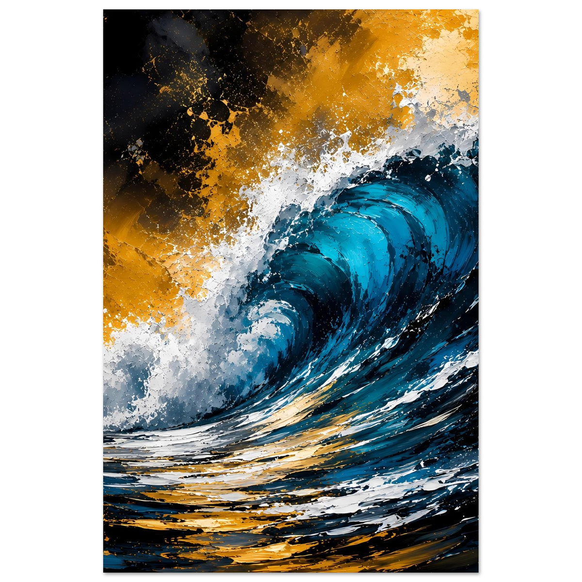 Poster mit abstrakter Ozeanwelle, Blau mit Sprühfarbe, Gold-Highlights und weiße Partien