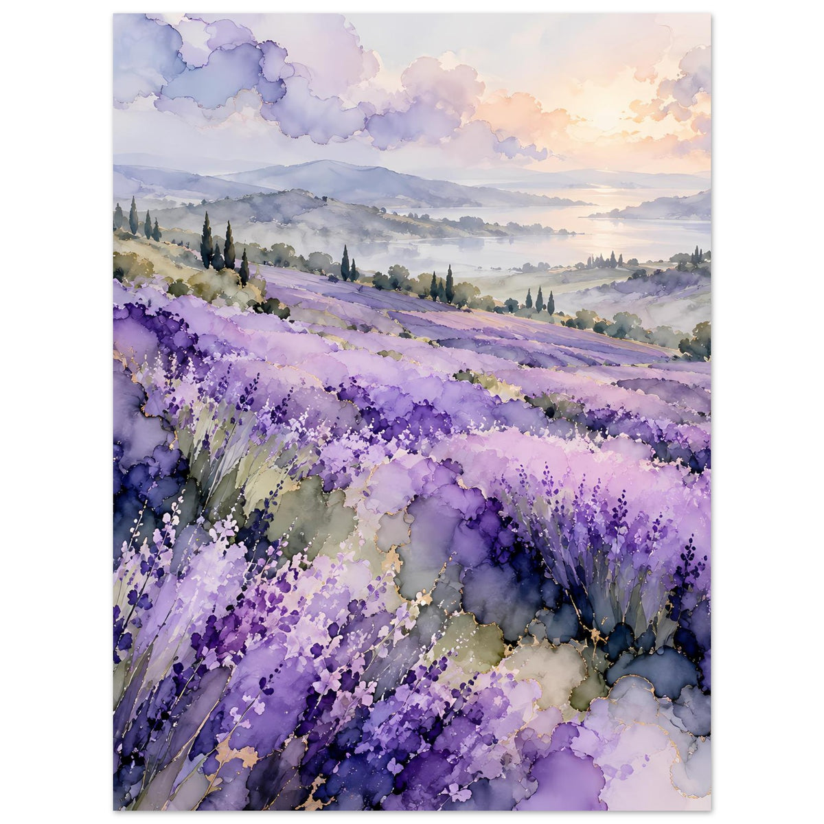 Aquarell-Landschaftsposter: Lavendelfeld-Landschaft in Violetttönen, sanfte Berge und Dunst